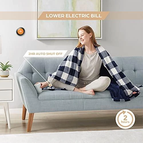 Soft Plush Electric Heated Blanket Throw, Blue Plaid Microlight Therapedic  | eBay