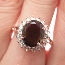 925 Sterling Silver Rose Gold Plated Real Smoky Quartz  C Z Ring Size 8.25
