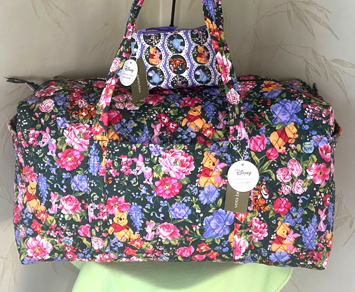 VERA BRADLEY DISNEY WINNIE THE POOH LARGE ORIGINAL DUFFEL BAG + POUCH (SET):NWT
