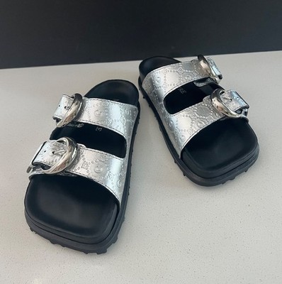 MARINE SERRE Ground Laminated Leather Slides - Silver flats shoes size 38