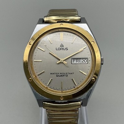 Vintage Lorus Mens Watch 37mm Two Tone Day Date V513-7000 Stretch New Battery