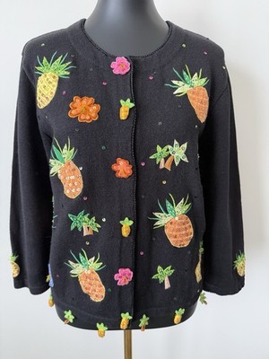 Jack B Quick Sweater Women's PM Black Pineapple Sequin Cardigan Petite Whimsical