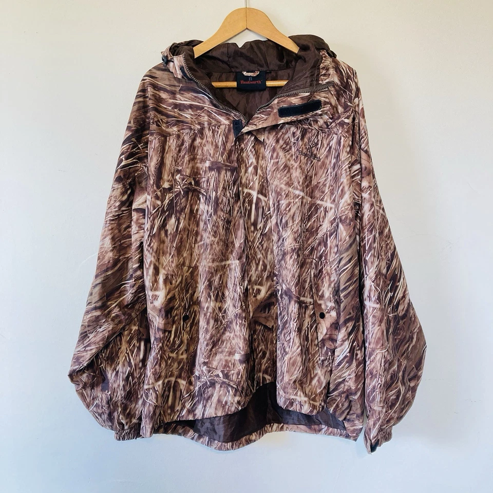 Huntworth Camo Jacket Coat Men’s XL Windbreaker Rain Zipper Pockets Hood - Image 3 of 4