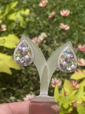 Ross Simons Ohrringe Sterlingsilber Perle, Multi Edelstein & Diamant Birnenform