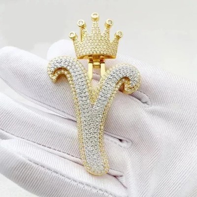 3Ct Round Cut Real Moissanite Letter ''Y'' Crown Pendant 14K Yellow Gold Plated