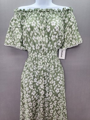 Anthropologie Kindred Sage Green M Floral Off Shoulder Maxi Smocked Dress