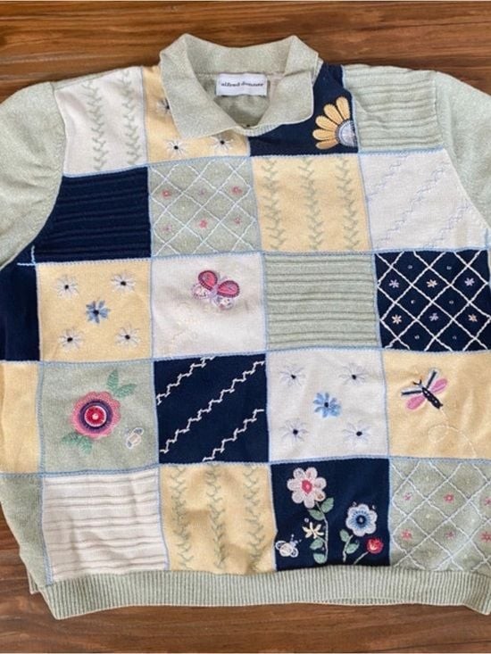 Granny Core Vintage Alfred Dunner Pastel Patchwork Embroidered Polo Sweater
