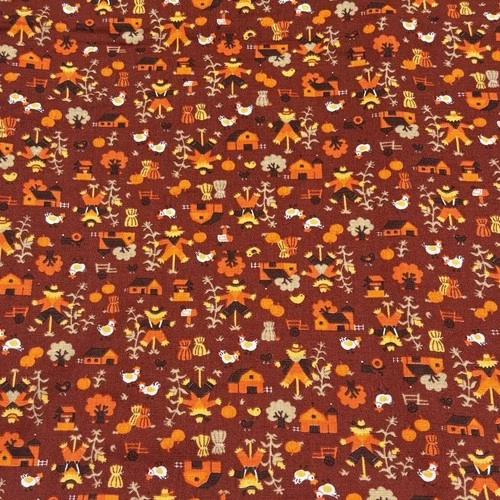 1970 VIP Cranston Autumn Harvest Pumpkins Fabric Farm Chickens Scarecrows 36x29 - product listing photo
