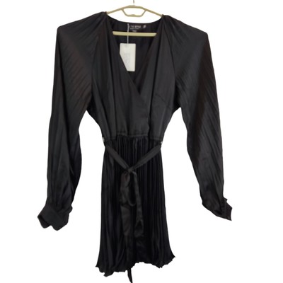 in the style womens dress black pleated long sleeve v-neck uk size 16 free p&p