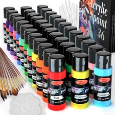 55PCS Acrylic Paint Set of 36 Colors 2Fl Oz 60Ml Bottles 12 Brushes