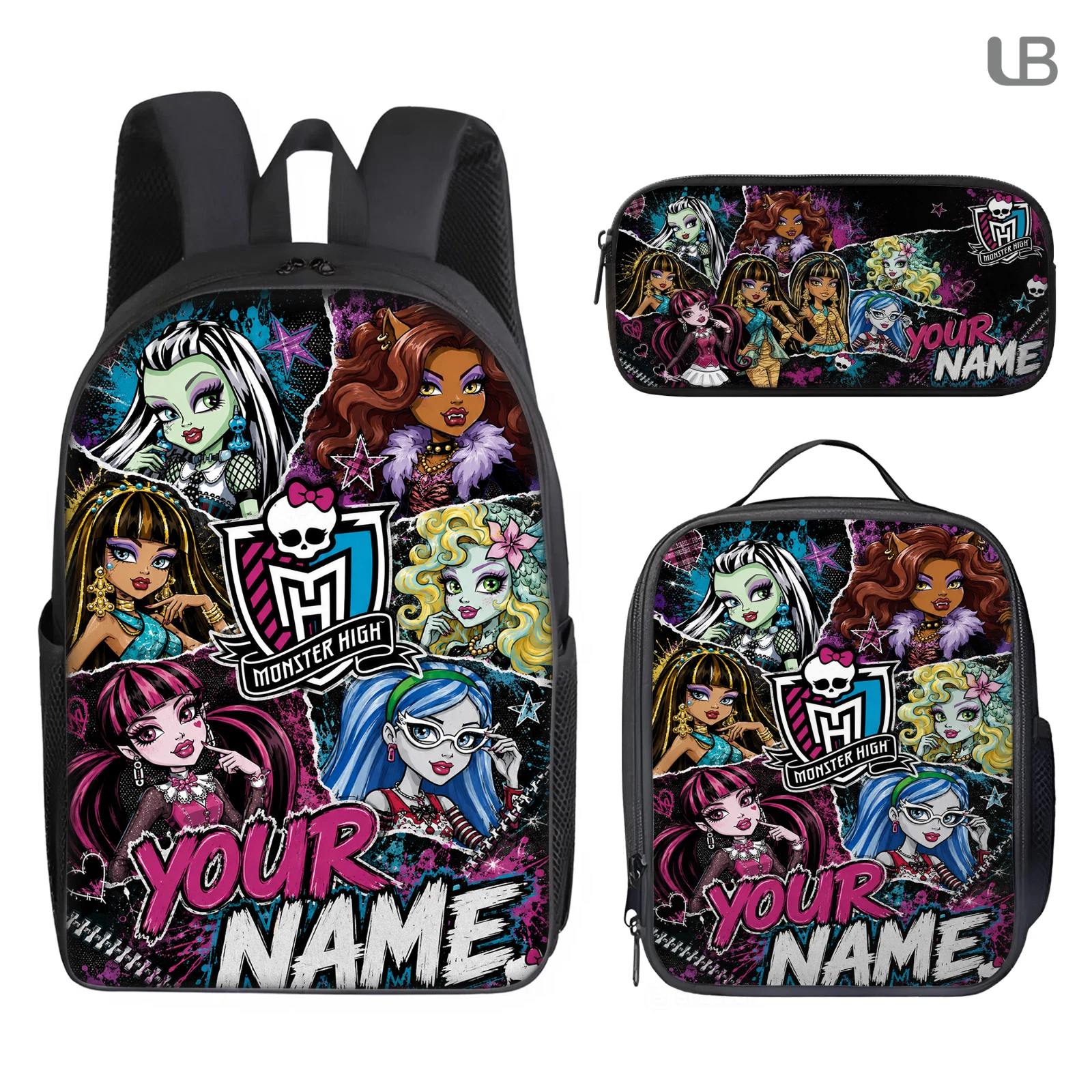 Girls School Backpack Set 3Pcs Lunch Bag Pencil Case Custom Name Cute Gothic Sty
