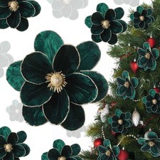 12 PCS Large Velvet Dark Green Christmas Poinsettia Magnolia Flowers