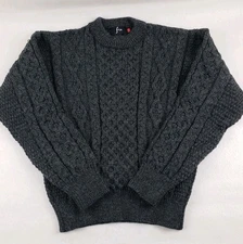 Fia Irish Aran 100% Wool Sweater Womens Small Gray Cable Knit Chunky Pullover
