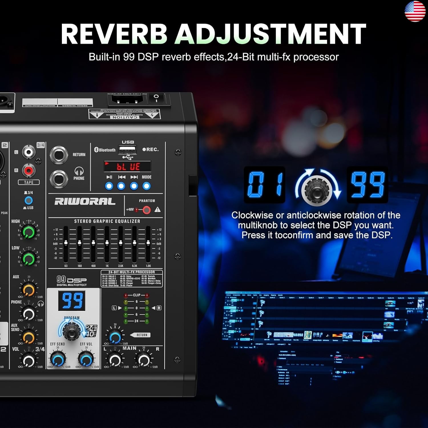 4 Channel Audio Interface DJ Mixer with 99 DSP Reverb Delay Effect USB Audio