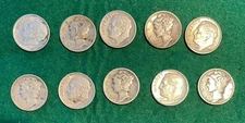 Set of 10 90% Silver Dimes Mixed Mercury and Roosevelt