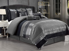 Elegant 7-Piece King Size Grey Chenille Comforter Set with Silver Stripes