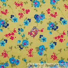 BonEful Fabric Cotton Quilt Yellow Aqua Blue Pink Flower Easter Garden FL SCRAP