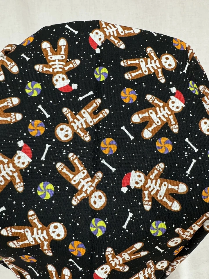 Men/Women Surgical Scrub Cap Lined Skeleton Gingerbread With Santa’s Hat. Cotton - Image 3 of 3