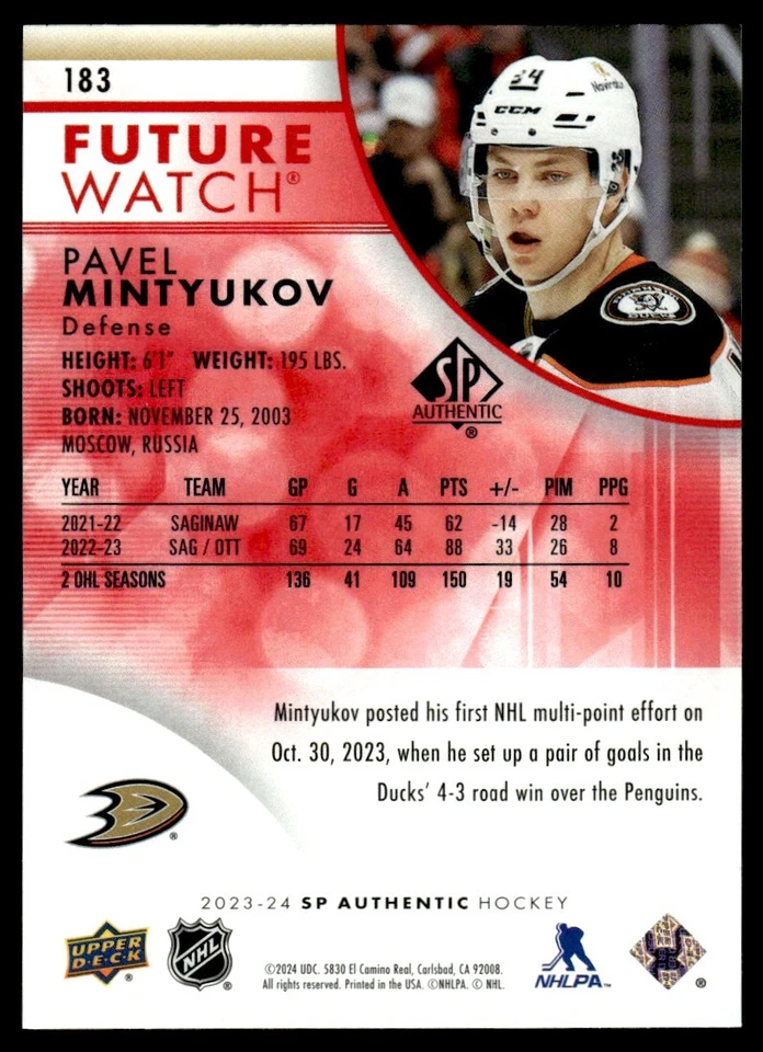 2023-24 SP Authentic Limited Red FUTURE WATCH Pavel Mintyukov Anaheim Ducks #183 - Image 2 of 2