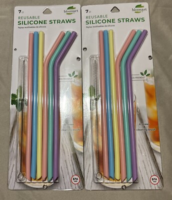 Biosmart 6 Reusable Silicone Straws W/Cleaning Brush; Eco Friendly; NEW! 2 Packs
