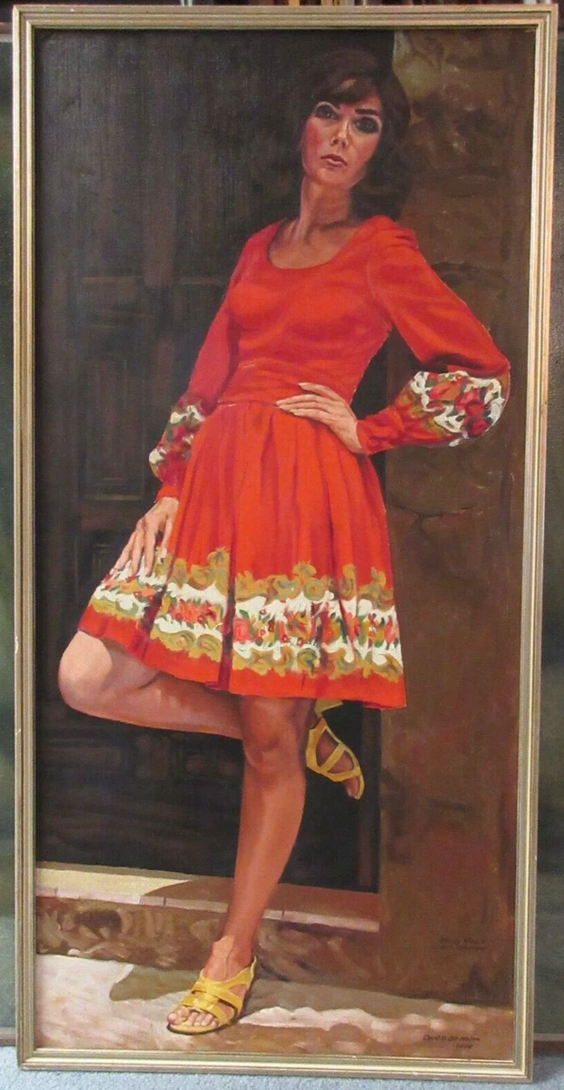 signed LARGE 1970s vintage PAINTING WOMEN'S CLOTHING FASHION ADVERTISING  WARDS