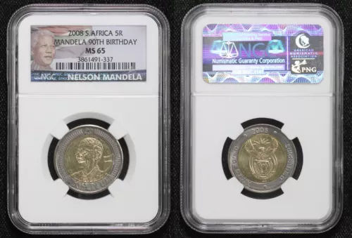 2008 South Africa Nelson Mandela 90th Birthday 5 Rand NGC MS-65 4GWO