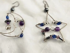 EARRINGS NAT. STONES CRESENT MOON & STAR DESIGN HOOK TOP