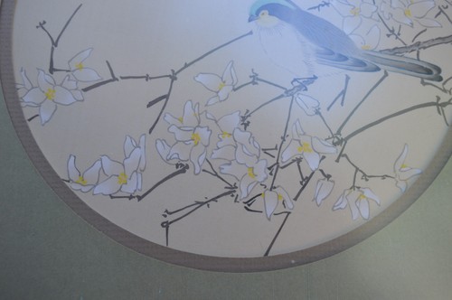 Japan Original Vogel & Blumen Handmalerei Seidenpassepartout gerahmt signiert 15" Quadrat - Bild 6 von 6