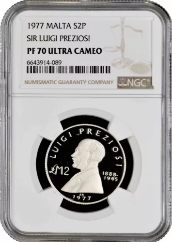 Malta 2 pounds 1977, NGC PF70 UC, "Sir Luigi Preziosi" Top Pop 1/0 silver coin