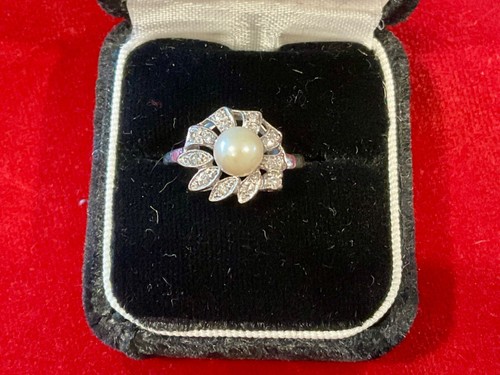 14KT WHITE GOLD CULTURED PEARL DIAMOND RING SIZE 6.5 BEAUTIFUL CLASSIC GIFT! - Picture 5 of 16