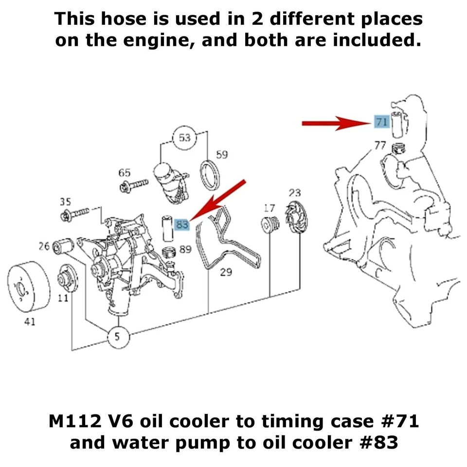 2 X OE MB Oil Cooler to Water Pump or Timing Case Hoses 1998-06 Mercedes V6 V8 - Image 2 of 3