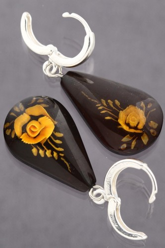 Carved Cameo Rose Genuine BALTIC AMBER Silver Dangling Earrings 4.1g 250211-16 - Picture 3 of 6