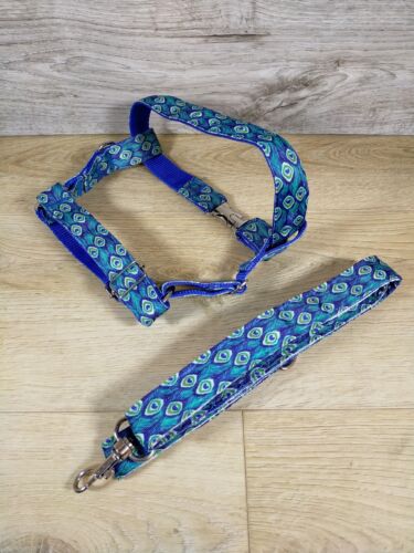 Green + Blue Peacock Feather Print Strong Dog Harness & Lead Set Size Medium VGC - Picture 1 of 8