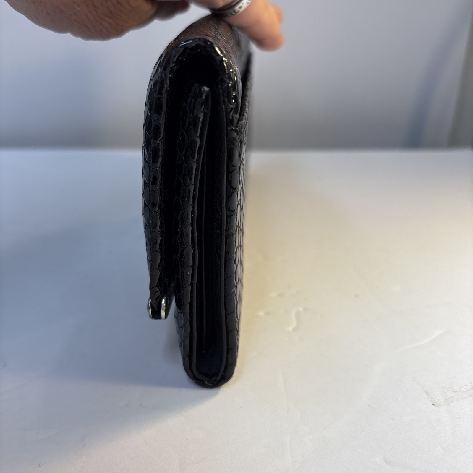 Black Brighton Patent Leather Python Embossed Clu… - image 4