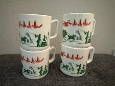 4 Vintage Miracle Pop Up Bar Milk Glass Christmas Egg Nog Cups w/Square Handles