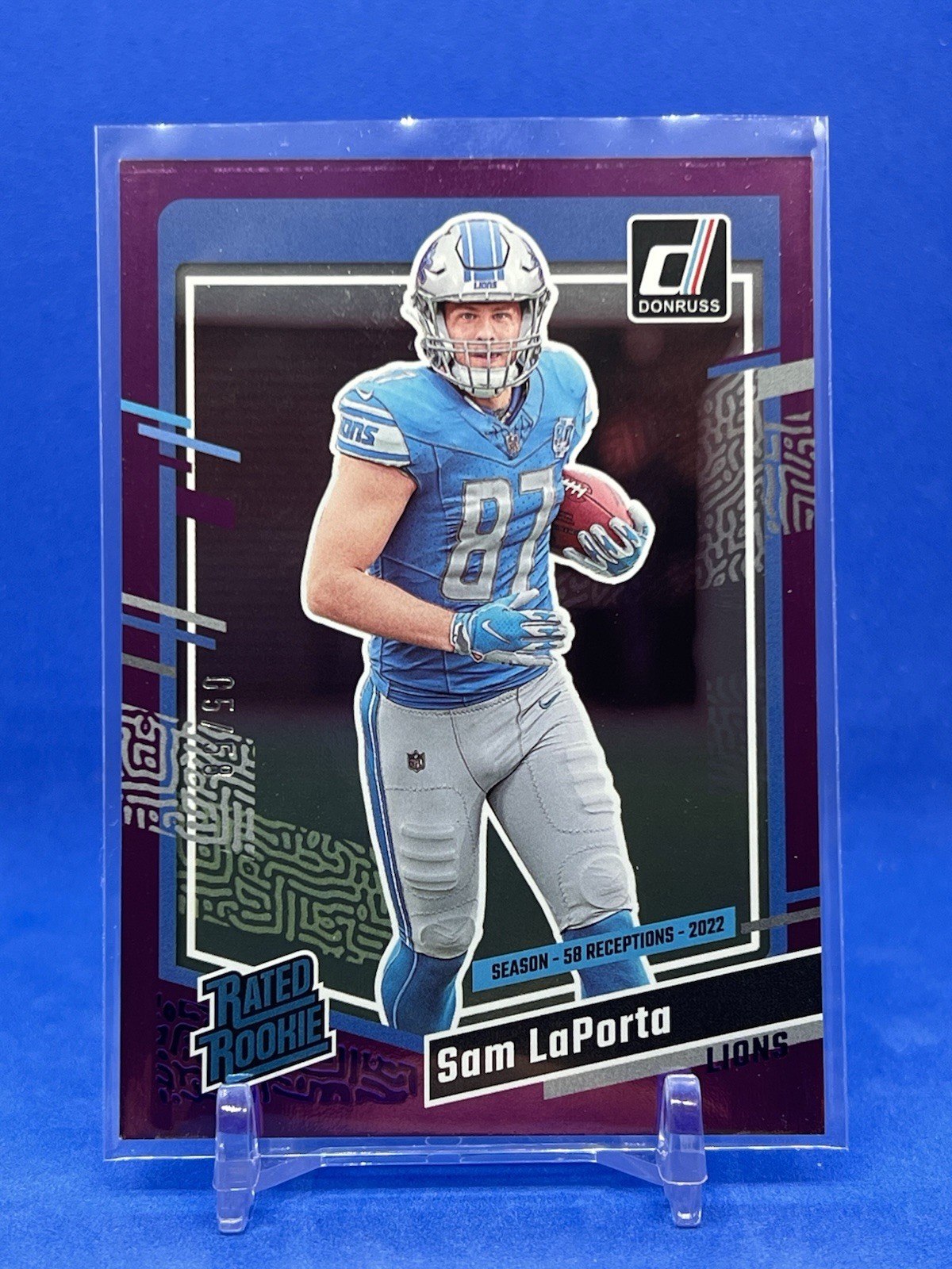 Sam LaPorta 2023 Panini Donruss Rated Rookie Season Stat Line #332 #/58 Lions