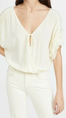 Free People Cleo Bodysuit Tie Cutout Cream V Neck Short Sleeve Ruffle Top XS