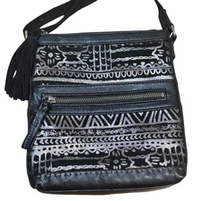 The Sak Metallic Tribal Crossbody Bag with Tassel – Black Silver Boho