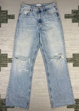 Zara Mid Rise Ripped Wide Leg Jeans Womens 8 Blue Denim Distressed Cotton 30x33