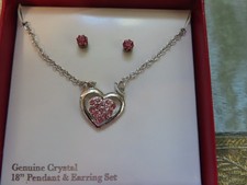 Crystal Pink Heart Pendant Silver Tone Necklace  Earrings Gift Box Set NIB L42
