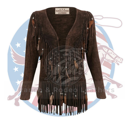 Womens Dark Brown Native Leather Jacket Fringe Western Cowgirl Suede Handmade
