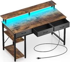  Computer Desk with Power Outlets & LED Light, 55 inch Home Office Desk with 3 
