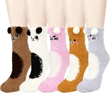 Benefeet Sox Womens Fuzzy Socks Girls Cute Cozy Soft 5 Pack-3d Bear Cat Panda 