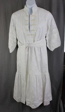 La Vie Style House NWT Women's White Beige Cotton Eyelet Mock Neck Midi Dress L