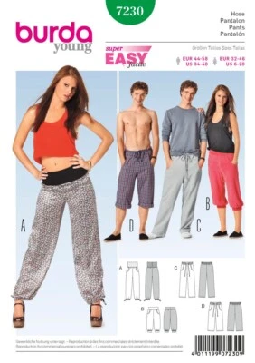 BURDA 7230 Unisex Jogginghose Schnittmuster Größen 6-20 & 32-46 Einfach - Bild 1 von 3