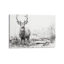 Black & White, Deer, Farmhouse Drawing Canvas 24x36 Canvas Wall Art Home Décor