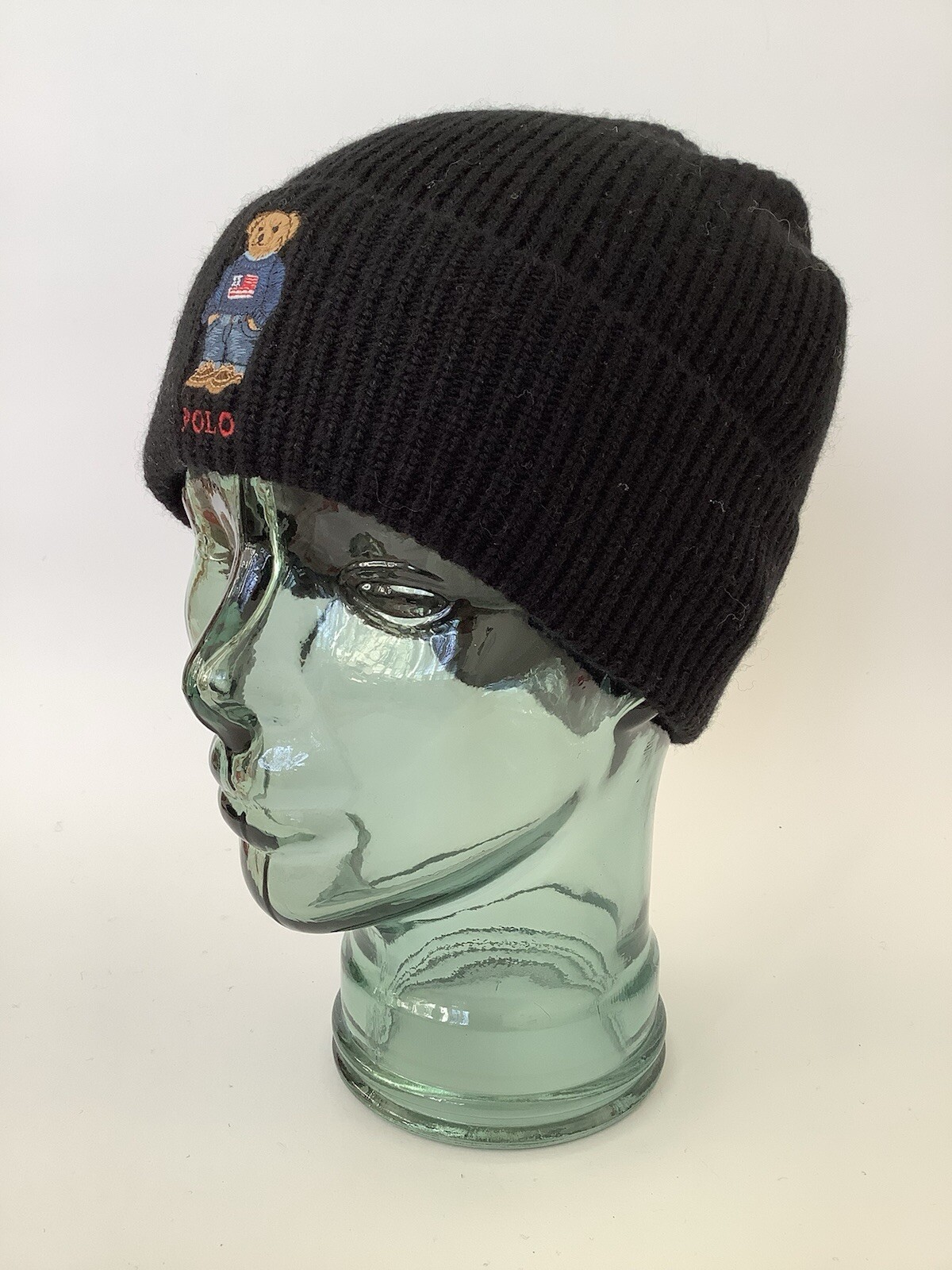 New Polo Ralph Lauren ‘Solid Flag Bear’ Black Wool- & Acrylic-Rich Beanie