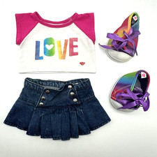 Build a Bear Pink Love Rainbow Heart Top Denim Jean Skirt Teddy Clothes Outfit