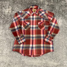 VTG Ely Cattleman Shirt Mens 17X34 Red Plaid Long Sleeve Pearl Snap 80s Cowboy