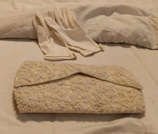 Le REGALEVintage Ivory Beaded Sequin Evening Bag Clutch Hand /Hong Kong  Gloves